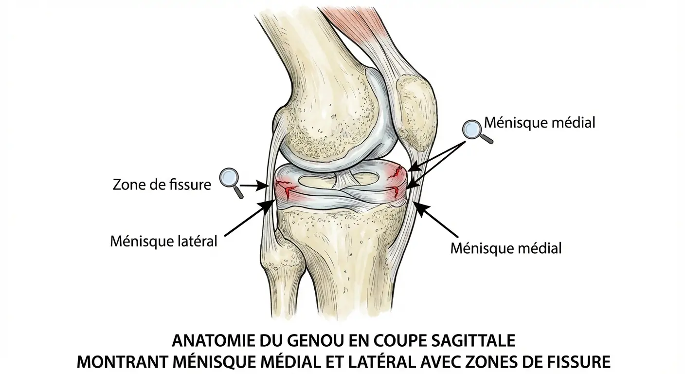 Anatomie du genou coupe saggitale montrant menisque medial et lateral