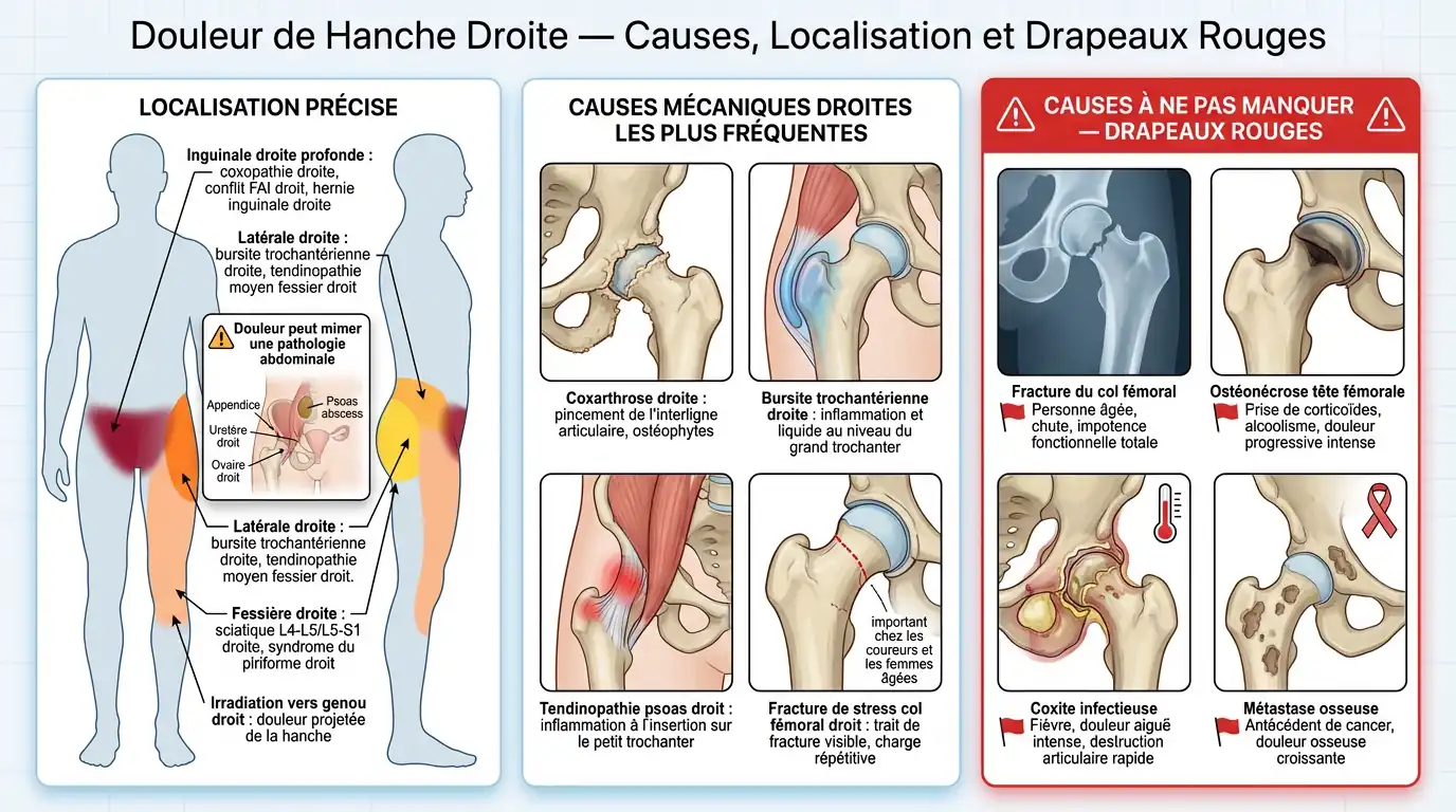 Douleur à la hanche droite : causes possibles et diagnostic