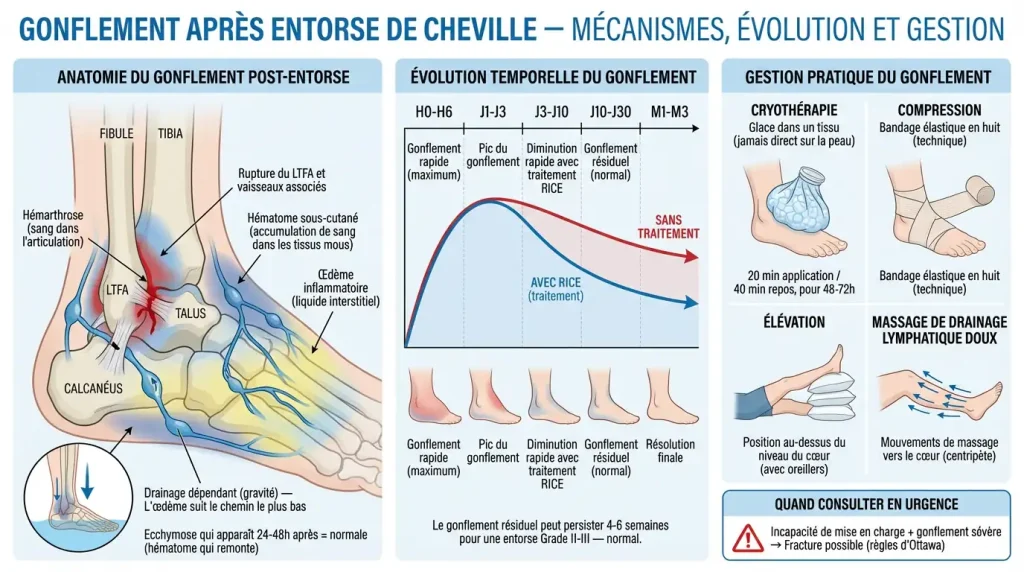 Cheville gonflée après entorse : durée du gonflement et solutions
