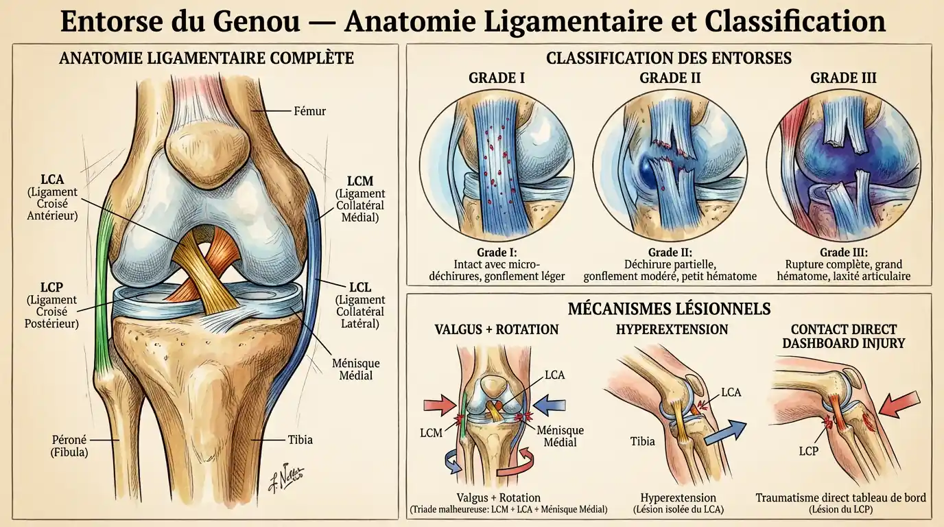 Entorse du genou : ligaments touchés, gravité et traitement
